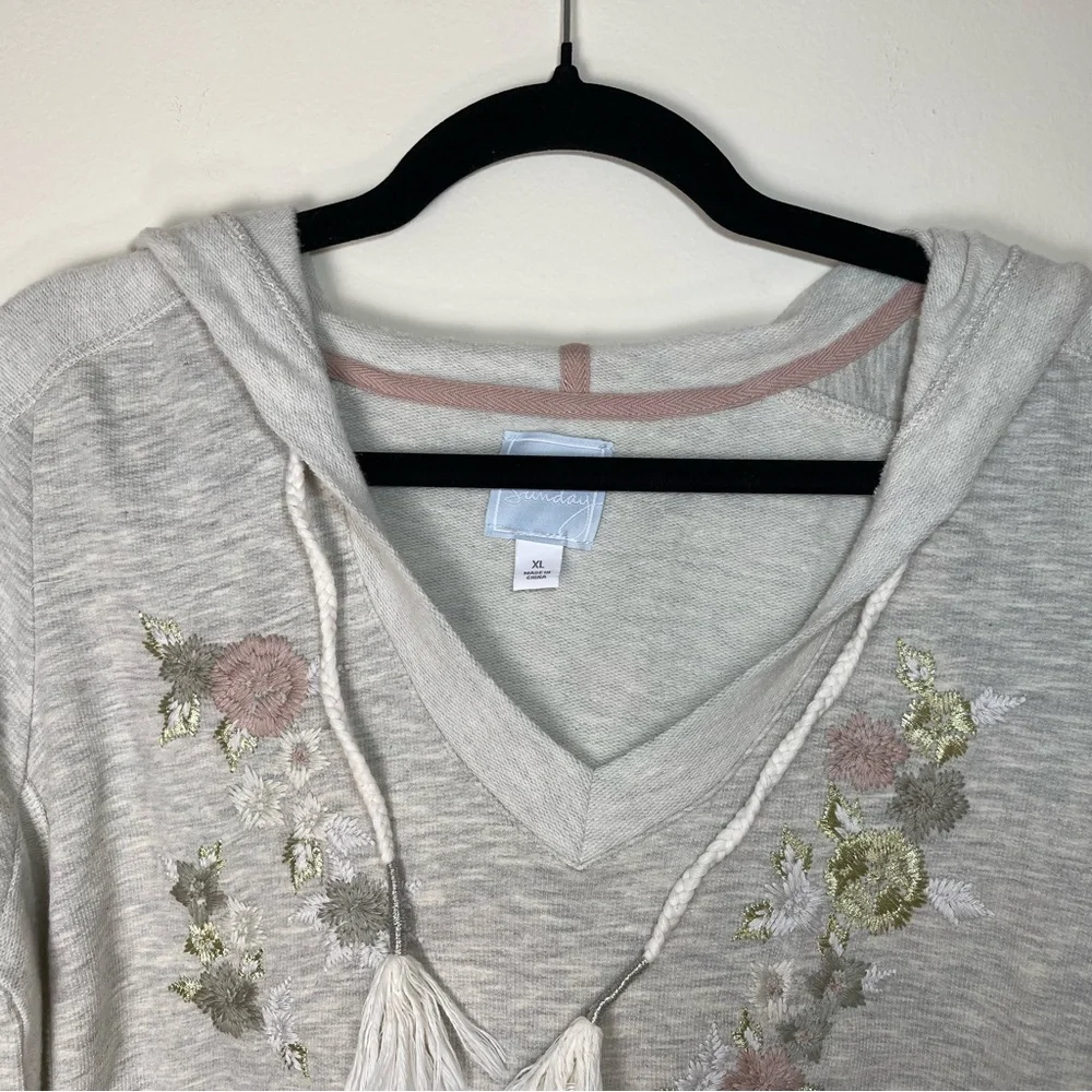 Dressbarn Sunday | Oatmeal V-Neck Hooded Sweatshirt With Floral Embroidery | XL - Picture 3 of 12